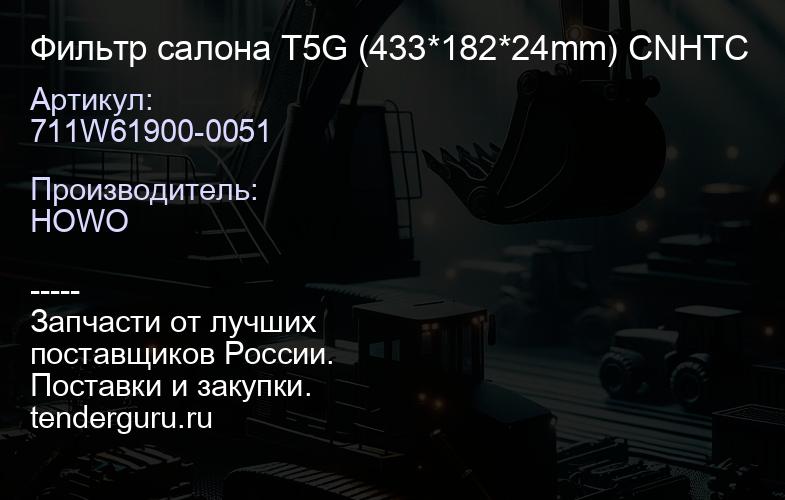 711W61900-0051 Фильтр салона T5G (433*182*24mm) CNHTC | купить запчасти